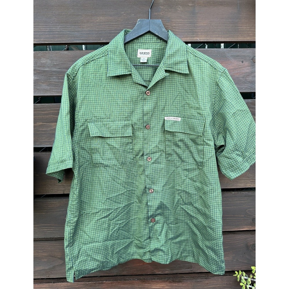 VTG 90s USA Made GUESS Logo Plaid Green/Blue Shirt *Size‎ M